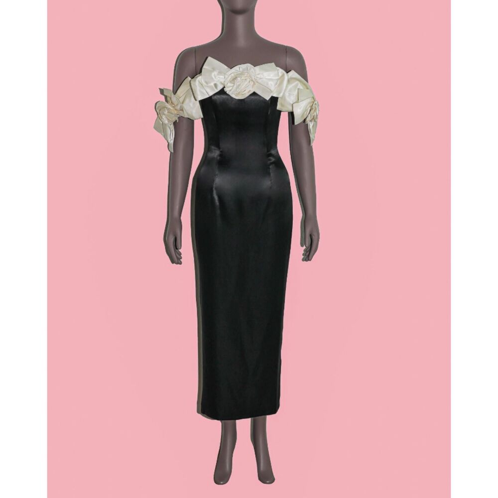 Jessica McClintock Gunne Sax Black Satin Off Shoulder Gown Floral Formal 80s XS